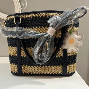 Blue & Beige Straw Tote Bag with Flower Charm by Like Dreams